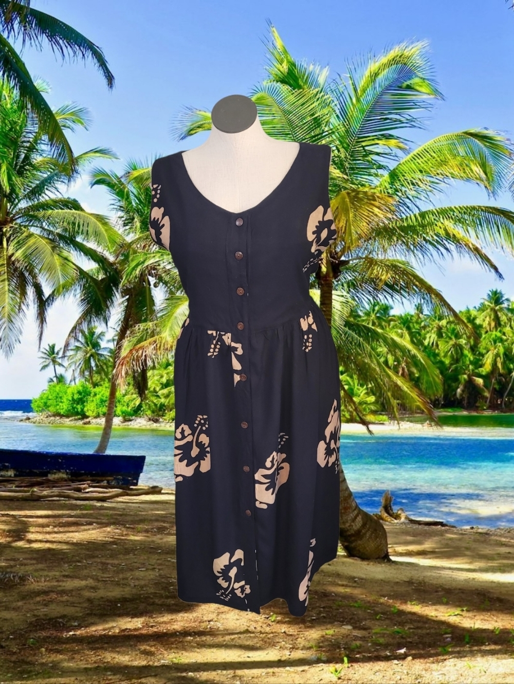 Black Button-Front Floral Sundress with Beige Hibiscus Print